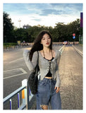 Two Piece Set Lace-up Cardigan with Cami Women's Sexy Slim Y2K Crop Long Sleeve Criss Cross Knit Tops Korean Acubi Outfit