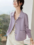Elegant Slim Purple Jacket Women Sweet Long Sleeve Small Fragrance Coat Casual Fall Winter Lady French Pockets Fashion Tops