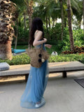 Women's Summer Mesh Tulle Beach Maxi Dress Sleeveless Spaghetti Strap Backless Long Dress Elegant Evening Party Slip Dresses New