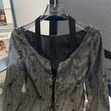 Destressed Two Piece Set Lace-up Cardigan with Cami Women's Y2K Grunge Crop Long Sleeve Criss Cross Knit Tops Acubi Outfit