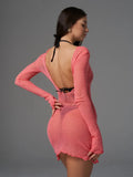 Thin Transparent Knit Tight Short Dress Sexy Backless Bikini Swimsui Cover-ups 2025 New Long Sleeve O-neck Sheer Summer Dress