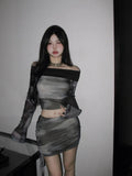 American Sexy Off The Shoulder Slim Fit Two Piece Sets Constrast Color Y2k Aesthetic Long Sleeve Tops Side Drawstring Skirts
