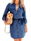 Pbong  Women Autumn Denim Shirt Dress Solid Color Long Sleeve Button-Down Lapel Short Dress with Belt