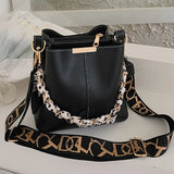 Pbong  Elegant Large Capacity Leather Bucket Bag with Chain Handle Scarf Detachable Wide Crossbody Bag Strap Fashion Shoulder Purse