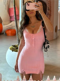 2025 New Pink White Lace Patchwork Short Dress For Women's Clothing Ruffle Square Collar Vacation Beach Summer Knit Slip Dress