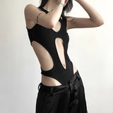 Pbong  Mall Gothic Hollow Out Sexy Bodysuits Techwear Fashion Y2k Patchwork Tops Women Backless High Cut Slim Bodysuit