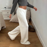 Pbong  Basic Solid Low-Waisted Ribbed Knitted Pants Casual Loose Drawstring Wide Leg Pants Soft Comfy Lounge Wear Trousers Streetwear