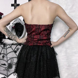 Pbong  Tube Top Gothic Printed Lace Trim Sleeveless Metal Buttons Lace-up Corsets Tank Top Court Elegant Fairy Grunge Top