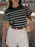 Women Striped Casual Versatile T-Shirt Graphic Tees Round Neck Loose Classic Short Sleeve Vacation Entertainment Commuter Top