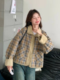 Vintage Plaid Cargo Jacket Women Retro Double Sided Wear Preppy Style Sweet Coat Korean Fall Winter Long Sleeve Pockets Top