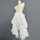 Gothic Lolita Lace Mesh Ruffles Fairy Princess Party Skirt Women Asymmetrical Cute Curtain Sheer Cover Up Thin Long Skirt White