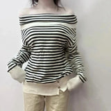 2000s American Vintage Striped Sexy Slash Neck Sweaters Y2k Casual Subculture Korean Fashion Pullovers Harajuku Autumn Jumpers