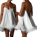 Pbong  Women Solid Color Feather Trim V-Neck Chain Spaghetti Straps Sling Mini Dress Summer Sleeveless Backless vestido