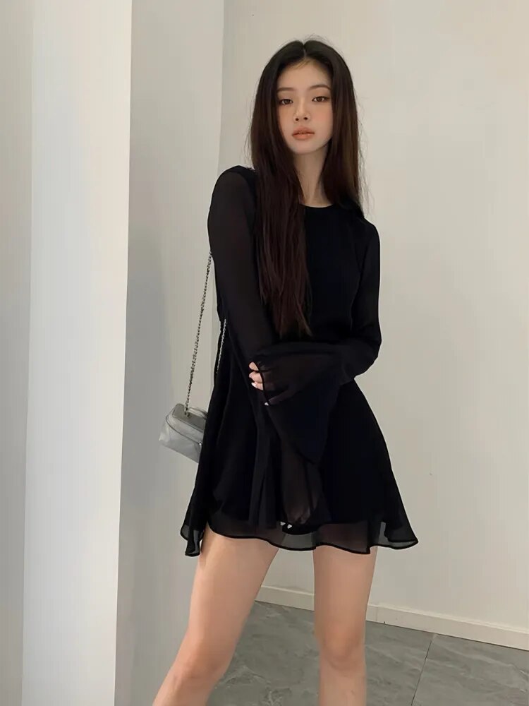 Backless Black Dress Women Elegant Back Hollow Out Lace-up Long Sleeve Mesh Patchwork Sexy Slim Ruffle Mini Dress Party