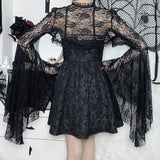 Vintage Gothic  Black Lace T-shirt Women Streetwear Flare Sleeve See Through Sexy Smock  Top Elegant Aesthetic Cropped Tops