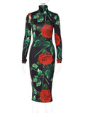 Women Long Sleeve Bodycon Streetwear Party Club Floral Midi Dress Fall Clothing Wholesale Items For Business