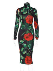 Women Long Sleeve Bodycon Streetwear Party Club Floral Midi Dress Fall Clothing Wholesale Items For Business