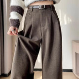 Pbong  Gray Woolen Suit Pants Women's Autumn Winter Thick Wide Leg High Waist Straight Cut Slim Casual Floor Length Trousers