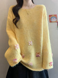 Sweet Floral Chic Sweater Women O Neck Cute Long Sleeve Knitted Jumpers Fashion Preppy Style Loose Lazy Wind Lady Fall Pullover