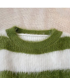 Fuzzy Knit Striped Sweater Pullovers for Women Soft Warm Long Sleeve Crew Neck Crop Knit Top Y2k Teen-girl Autumn Winter Outfit