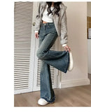 Hong Kong Style Fringe Loose-fit Bootcut Jeans Women's High-waisted Vintage Slimming American Style Bell-bottom Pants