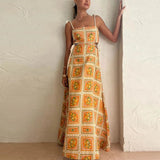 Pbong  Orange Print Lace-up Maxi Dress Women Sexy Waist Cut-out Backless Flowy Long Dresses Beach Style Boho Cami Sundress