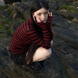 Y2k Punk Harajuku American Vintage Striped Pullovers Shirts High Street Constrast Color Slim Lazy Gothic Clothes Office Lady Top