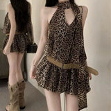 Pbong  Women's Leopard Print Halter Sleeveless Ruffle Mini Dress Belted Slim Fit Casual Party Fashion Dress