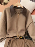 Leather Collar Knit Sweater Fashion Double Zipper Cardigan Women's Autumn/Winter New Soft Vintage Long Sleeve Streetwear