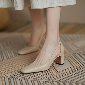 Pbong  Chunky Heels Normal Leather Casual High Block Heel Nude Ladies Footwear Office Women's Shoes Square Toe Pumps on Heeled 39 Offer
