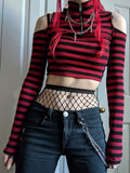 Goth Dark Grunge Striped Mall Gothic Basic T-shirts Punk E-girl Aesthetic Bodycon Casual Crop Tops Long Sleeve Open Shoulder Tee