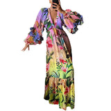Summer New Women's Gradient Color Print Dress V-neck Sexy Slimming Lace Hemline Long Sleeve High Waist Street Style Elegant