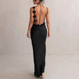 Womens Temperament Satin Dress Summer Sexy Suspender Off-Shoulder Party Dress Elegant Solid Color Hollow Backless Evening Dress