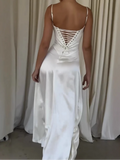 Elegant White Satin Drawstring Tie Backless Long Dress Women High Waist Square Neck Slim Sling Dresses New Sexy Beach Robes