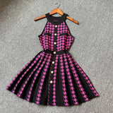 Pbong  Fashion Women Pleated Knitted Dress Summer Y2K Sleeveless Bird Lattice Short Dress Chic Lady Party Vestidos