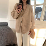 Pbong  Soft Cozy Large Size Women's Knitted Sweater Coat Vintage V-neck Open Cardigan Casual Style Long Sleeve Comfortable Top