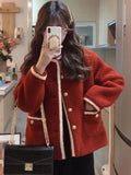 Red Faux Lamb Sweet Coat Women Korean Long Sleeve Winter Warm Jacket Vintage Casual O Neck Elegant Pearls Buttons Cute Tops