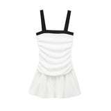 Patchwork Black White Casual Short Dress 2025 Summer New Sqaure Collar A-line Fashion Slip Dress Pleated Streetwear Women Dress