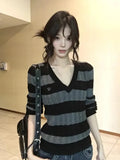 V Neck Vintage Striped Sweater Women Sexy Slim Long Sleeve Y2K Knitted Jumper American Retro Harajuku Letter Fall Pullover