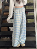 Pbong  Sweet Blue Plaid Pants Women Lace Patchwork High Waist Trousers Korean Fashion Loose Female Spring Elegant Wide Leg Pants