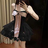 Pbong  Sweet Princess Big Bow Camisole Dress Patchwork High Waist Lace Layered Mini Dress Sexy Backless Party Evening Vestidos