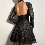 Pbong  Elegant Fashion Sexy Lace A-Line Dress See Through Dark Bandage Backless Square Collar Long Sleeve Mini Dresses For Women