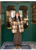 Vintage Faux Woolen Plaid Coat Women Fall Winter Long Sleeve Sweet Jacket Retro Preppy Style Korean Elegant O Neck New Tops