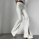 Pbong  Autumn/winter New Pu Leather White Split Open Flared Pants Sexy Tight Micro Flare Leggings Women's Wholesale Agency