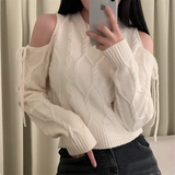 Pullovers Woman Cut-out Shoulder with Bow Long Sleeve Crew Neck Crop Sweater Cable Knit Cut-out Jumper Knitted Top Y2K