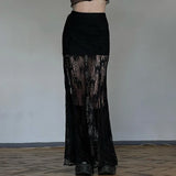 Side Slit Lace Skirts For Women Summer New See Through High Waist Skirt Ladies Black Casual Loose Sexy Skirts Woman