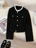 Black Slim Elegant Tweed Jacket Women Vintage Lace Patchwork Long Sleeve Sweet Coat Fall Winter French Casual Retro Tops
