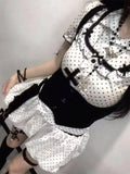 Kawaii Sweet Suit Hot Girls Polka Dot Top Black Belt Casual Bud Mini Skirt Sweet Cool Set Woman