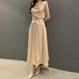 Pbong  Korean Chic Sleeveless Wrap Waist Dress Women's Citywalk Polyester Fiber Versatile Style Midi Dress Elegant Choker Design