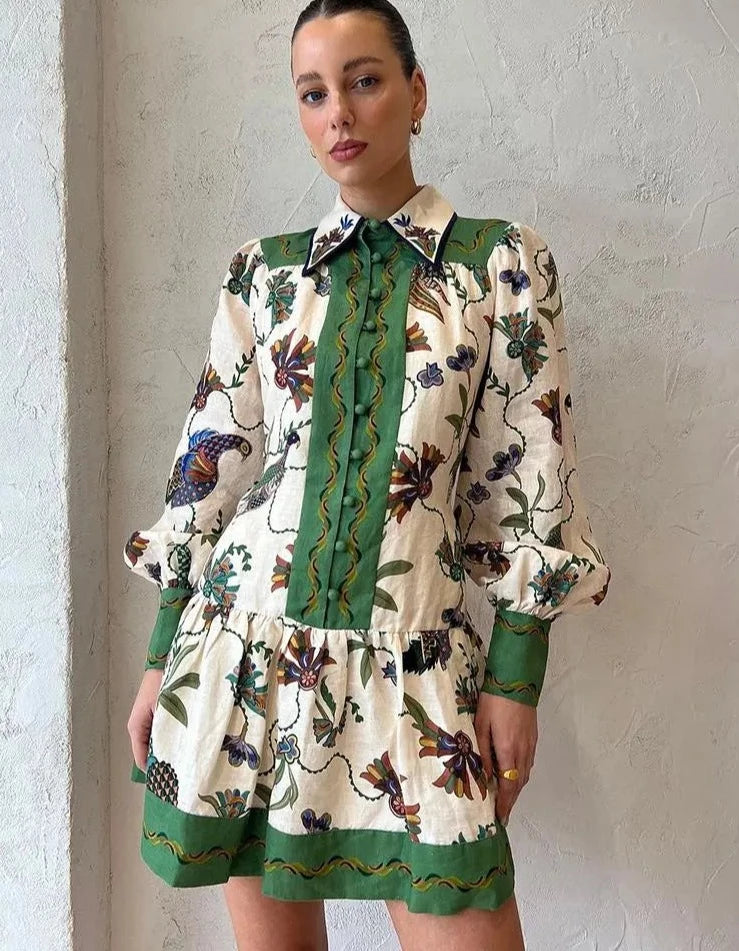 Vintage Floral Print Mini Dress Women Long Lantern Sleeve Single Breasted Fashion Holiday Dresses Summer Loose Casual New